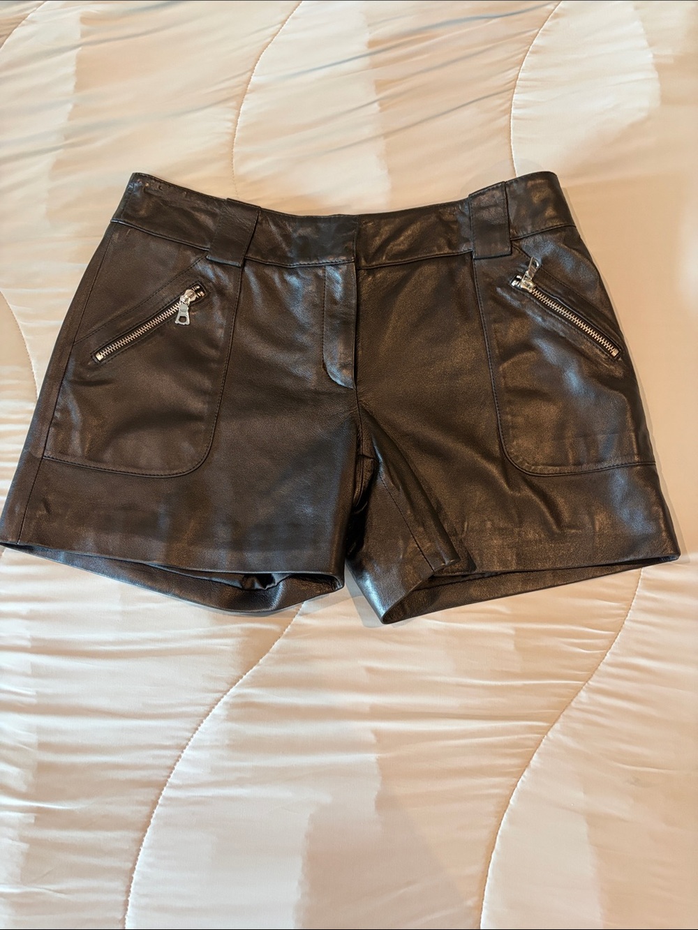 Milly Black Leather High-Rise Zip-Pocket Shorts